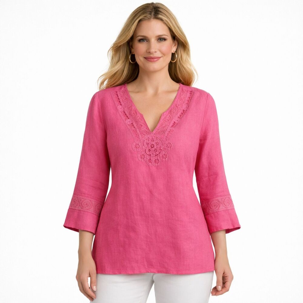Silkland 100% Linen Embroidered Tunic Womens Sz 1X Pink V-Neck Flare Sleeve Boho
